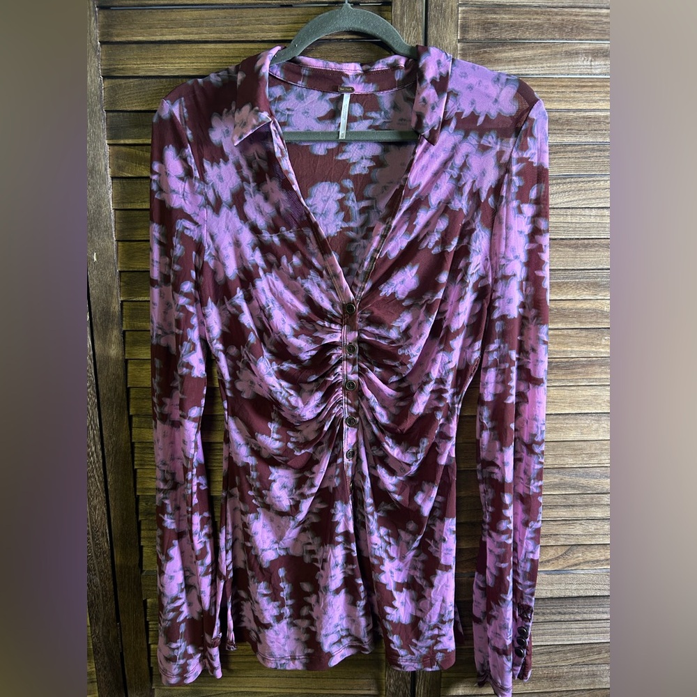 Free People Floral Mesh Blouse in Pink and Burgundy